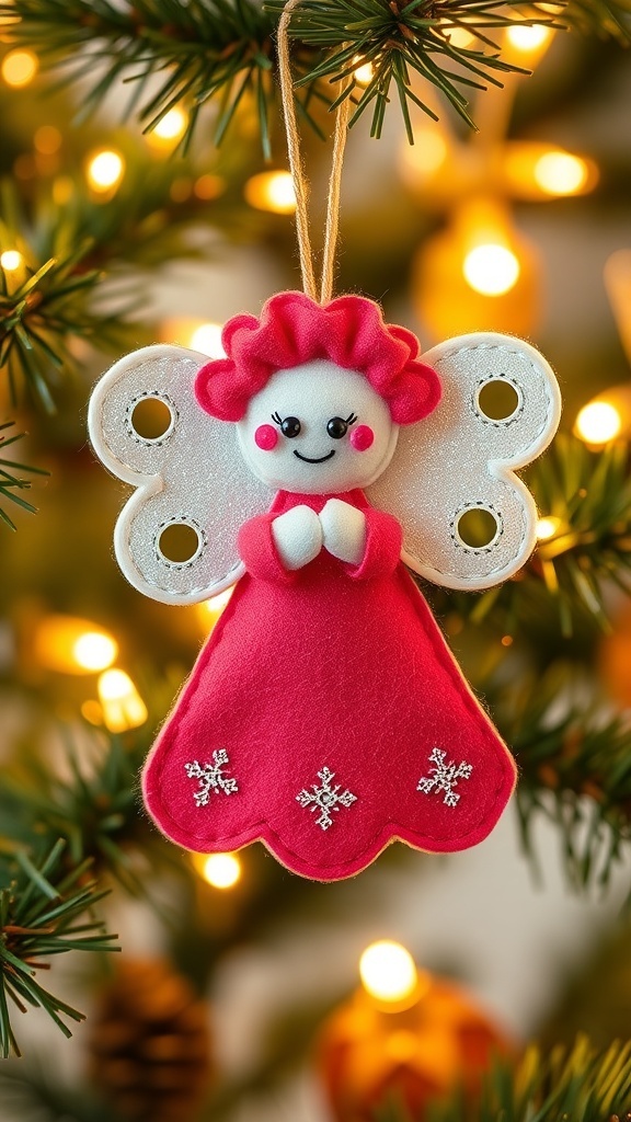 Homemade Christmas Tree Angel Ornament A colorful felt Christmas tree angel ornament hanging on a decorated tree.